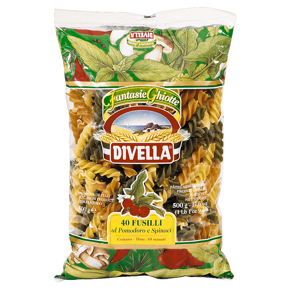 MACARRÃO GRANO DURO TRICOLOR FUSILLI 40 POMODORO E SPINACI DIVELLA PACOTE 500G