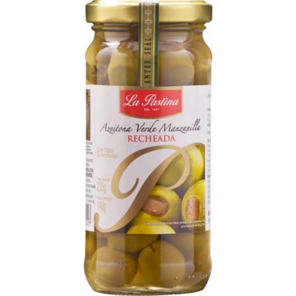 AZEITONA VERDE EM CONSERVA RECHEIO PASTA DE ANCHOVA LA PASTINA VIDRO 140G