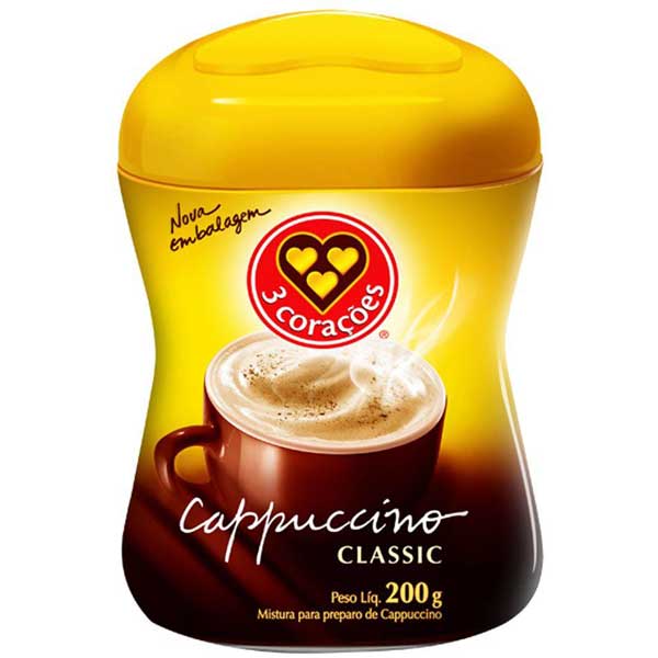 CAPPUCCINO SOLÚVEL CLASSIC 3 CORAÇÕES POTE 200G