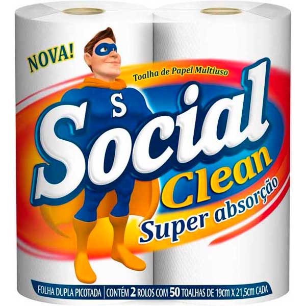 PAPEL TOALHA SOCIAL CLEAN COM 2 ROLOS DE 50 FOLHAS CADA