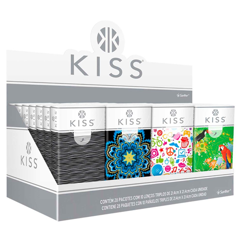 LENÇO DE PAPEL KISS DE BOLSO FOLHA TRIPLA DISPLAY COM 28 PACOTES DE 10 LENÇOS