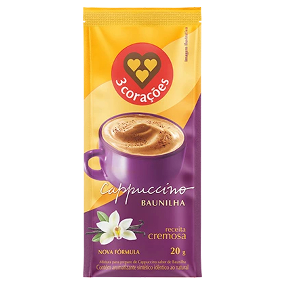 CAPPUCCINO SOLÚVEL 3 CORAÇÕES BAUNILHA SACHÊ 20G
