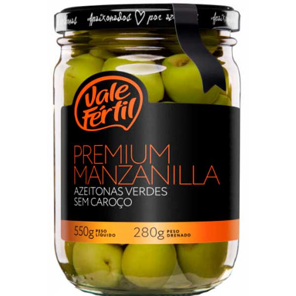 AZEITONA VERDE EM CONSERVA MANZANILLA SEM CAROÇO VALE FÉRTIL PREMIUM VIDRO 280G