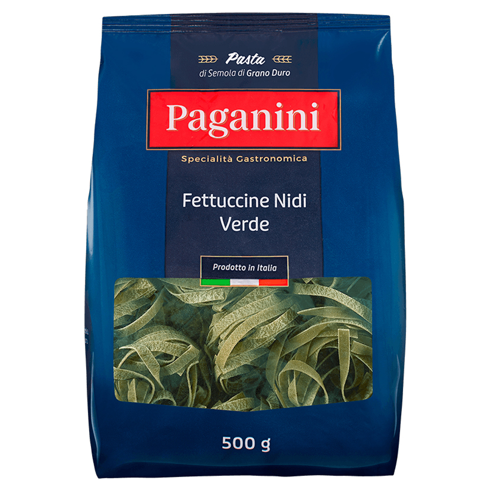 MACARRÃO DE SÊMOLA GRANO DURO FETTUCCINE NIDI VERDE PAGANINI PACOTE 500G