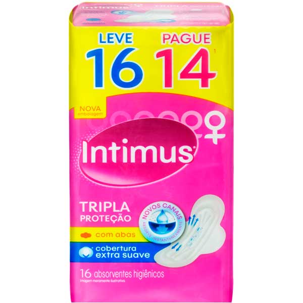 ABSORVENTE COM ABAS EXTRA SUAVE INTIMUS TRIPLA PROTEÇÃO PACOTE LEVE 16 PAGUE 14 UNIDADES