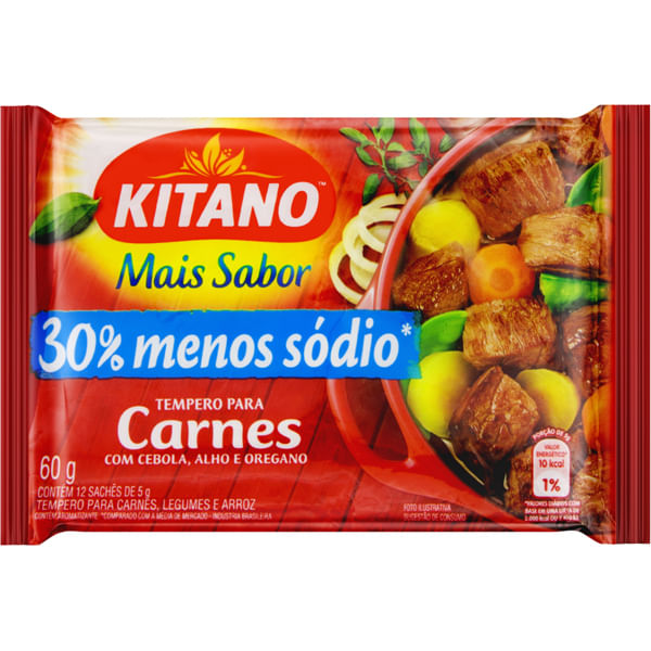 TEMPERO PÓ PARA CARNES CEBOLA, ALHO E ORÉGANO MAIS SABOR KITANO PACOTE 60G 12 UNIDADES