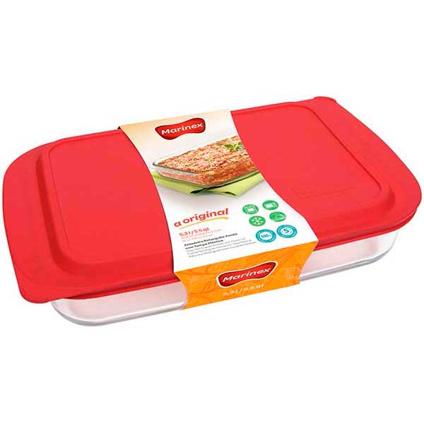 LASANHEIRA RETANGULAR VIDRO COM TAMPA VERMELHA FUNDA 5L MARINEX