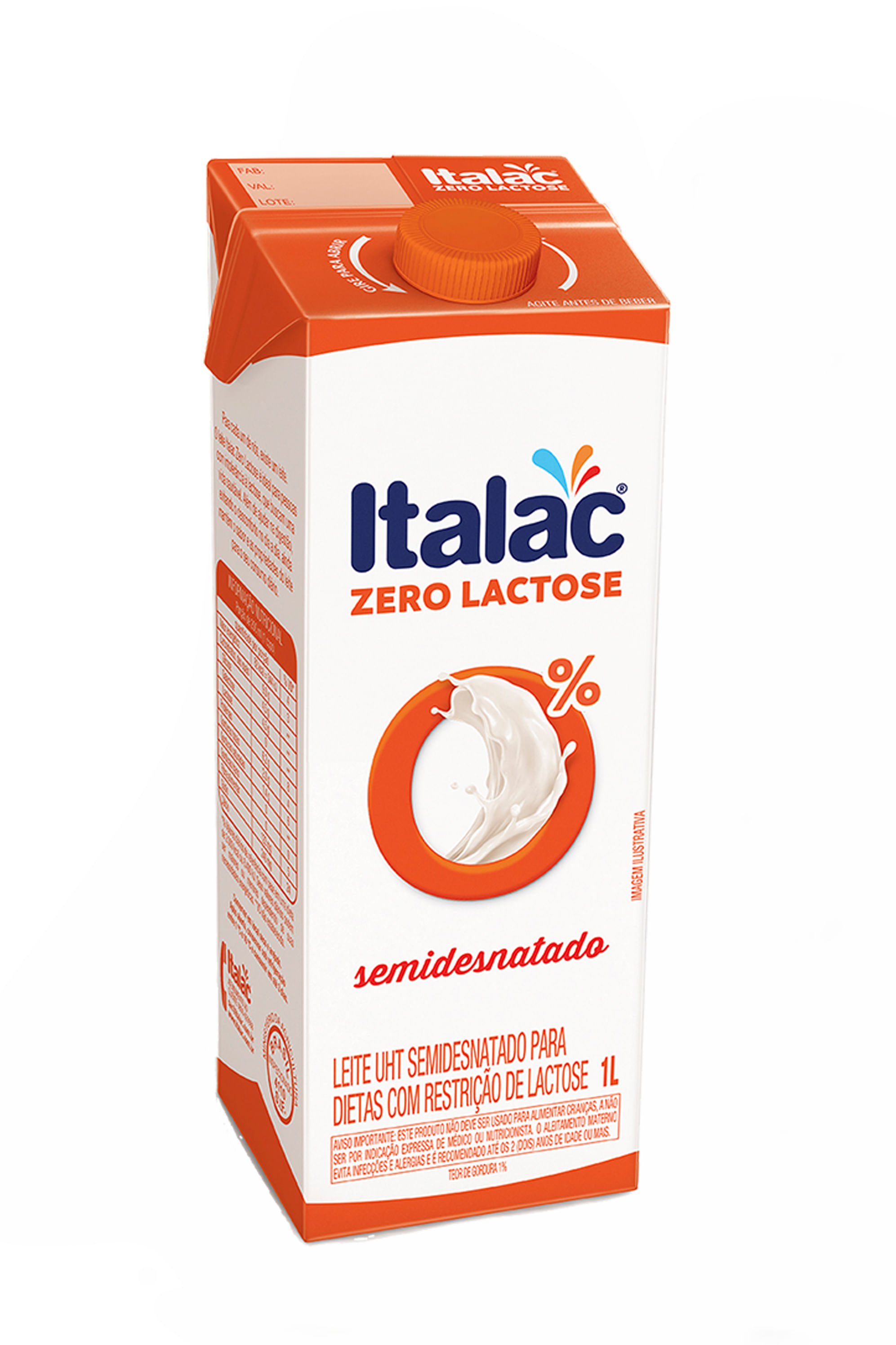 LEITE UHT SEMIDESNATADO ZERO LACTOSE ITALAC CAIXA COM TAMPA 1L