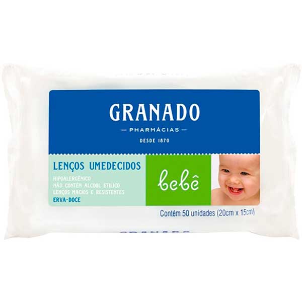 LENÇO UMEDECIDO MACIO ERVA-DOCE GRANADO BEBÊ PACOTE 50 UNIDADES