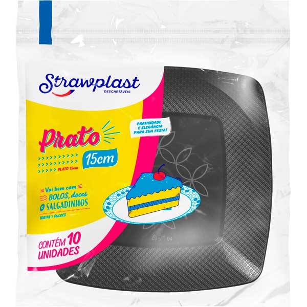 PRATO QUADR STRAWPLAST PRETO 15CM 10UN