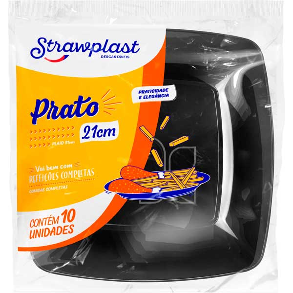 PRATO DESCARTÁVEL REFEIÇÃO PRETO QUADRADO STRAWPLAST GOLD 21CM PACOTE 10 UNIDADES