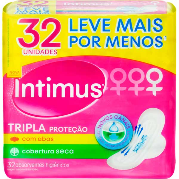 ABSORVENTE COM ABAS SECA INTIMUS TRIPLA PROTEÇÃO PACOTE 32 UNIDADES LEVE MAIS PAGUE MENOS