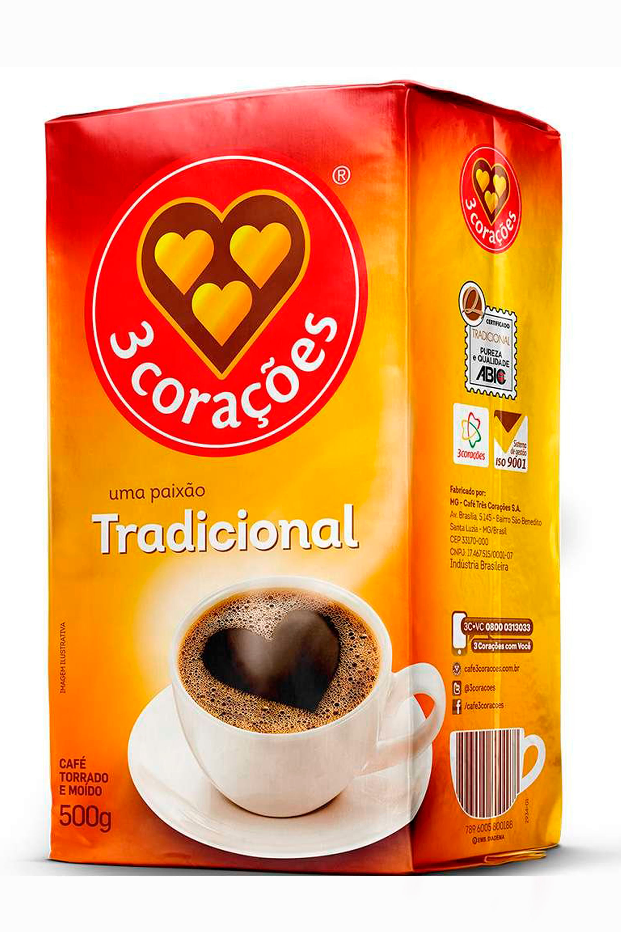 CAFÉ TORRADO E MOÍDO A VÁCUO TRADICIONAL 3 CORAÇÕES PACOTE 500G