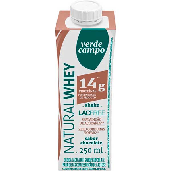BEBIDA LÁCTEA UHT CHOCOLATE ZERO LACTOSE VERDE CAMPO NATURAL WHEY LACFREE CAIXA 250ML