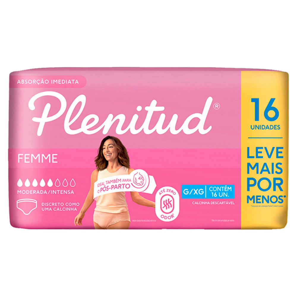 ROUPA ÍNTIMA DESCARTÁVEL PLENITUD FEMME G/XG PACOTE 16 UNIDADES LEVE MAIS PAGUE MENOS
