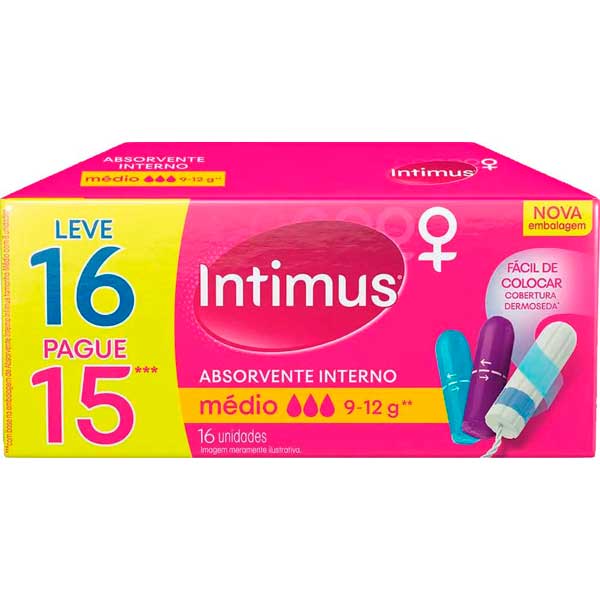 ABSORVENTE INTERNO INTIMUS MÉDIO CAIXA LEVE 16 PAGUE 15 UNIDADES