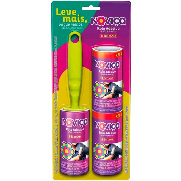 KIT 1 ROLO ADESIVO TIRA-PELOS NOVIÇA 78MM X 175MM 30 FOLHAS + 2 REFIS LEVE MAIS PAGUE MENOS