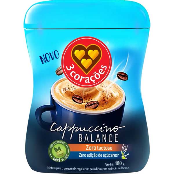 CAPPUCCINO SOLÚVEL ZERO LACTOSE 3 CORAÇÕES BALANCE POTE 180G