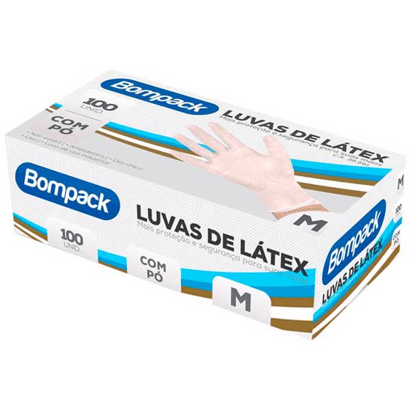 LUVA BOMPACK LATEX IND  M  COM PO 100UN