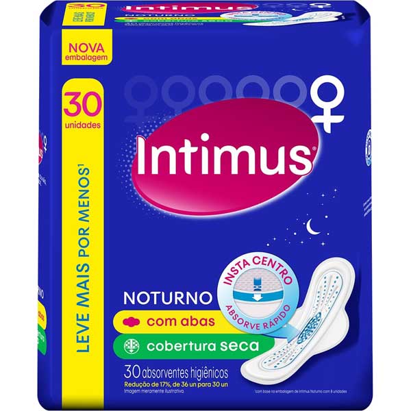 ABSORVENTE COM ABAS SECA INTIMUS NOTURNO PACOTE 30 UNIDADES LEVE MAIS PAGUE MENOS