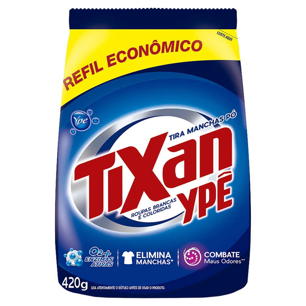TIRA-MANCHAS PÓ ROUPAS BRANCAS E COLORIDAS TIXAN YPÊ PACOTE 420G REFIL ECONÔMICO