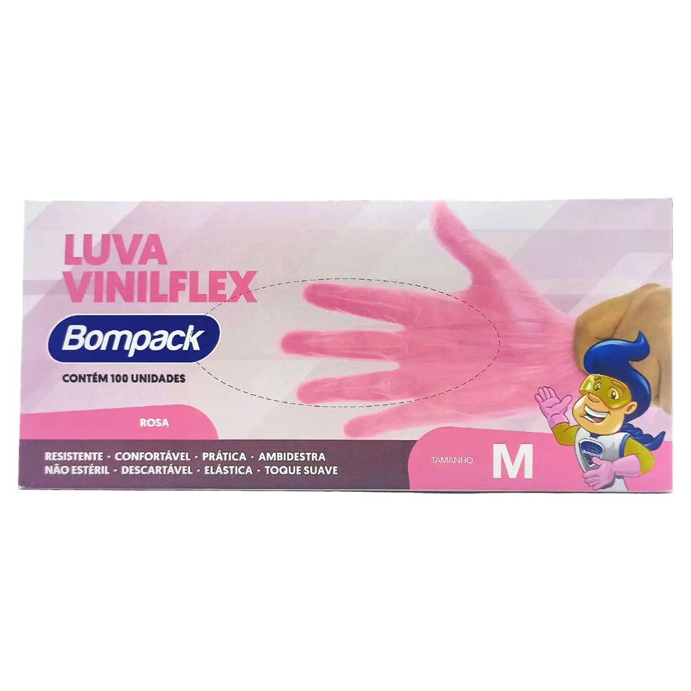 LUVA BOMPACK VINILFLEX ROSA M S/PO 100U