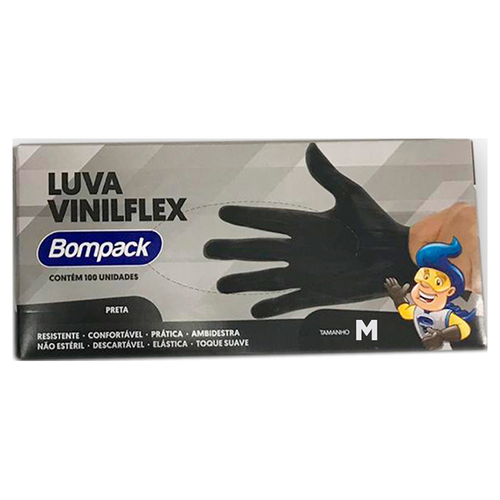 LUVA BOMPACK VINILFLEX PRETA M S/PO 100U