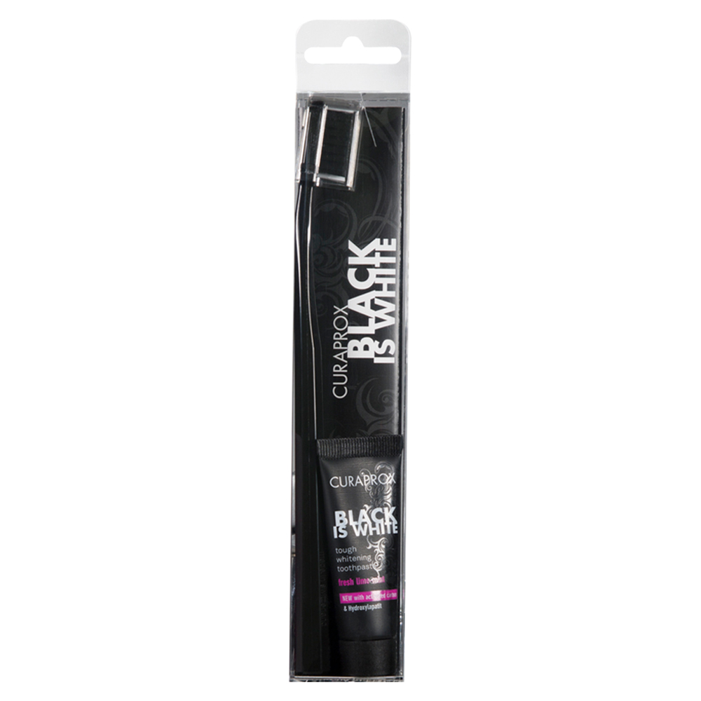 KIT CURAPROX BLACK IS WHITE ESCOVA DENTAL + GEL DENTAL 90G