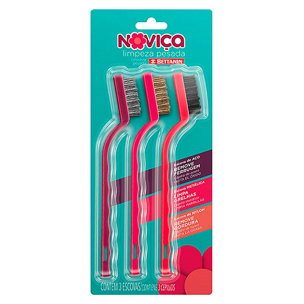 KIT ESCOVA AÇO + METAL + NYLON LIMPEZA PESADA NOVIÇA