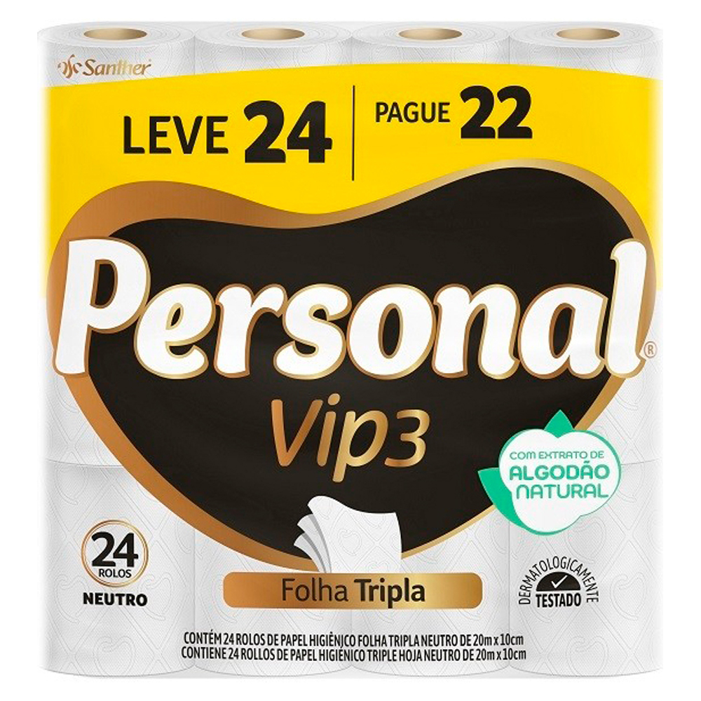 PAPEL HIGIÊNICO FOLHA TRIPLA NEUTRO PERSONAL VIP3 20M PACOTE LEVE 24 PAGUE 22 UNIDADES