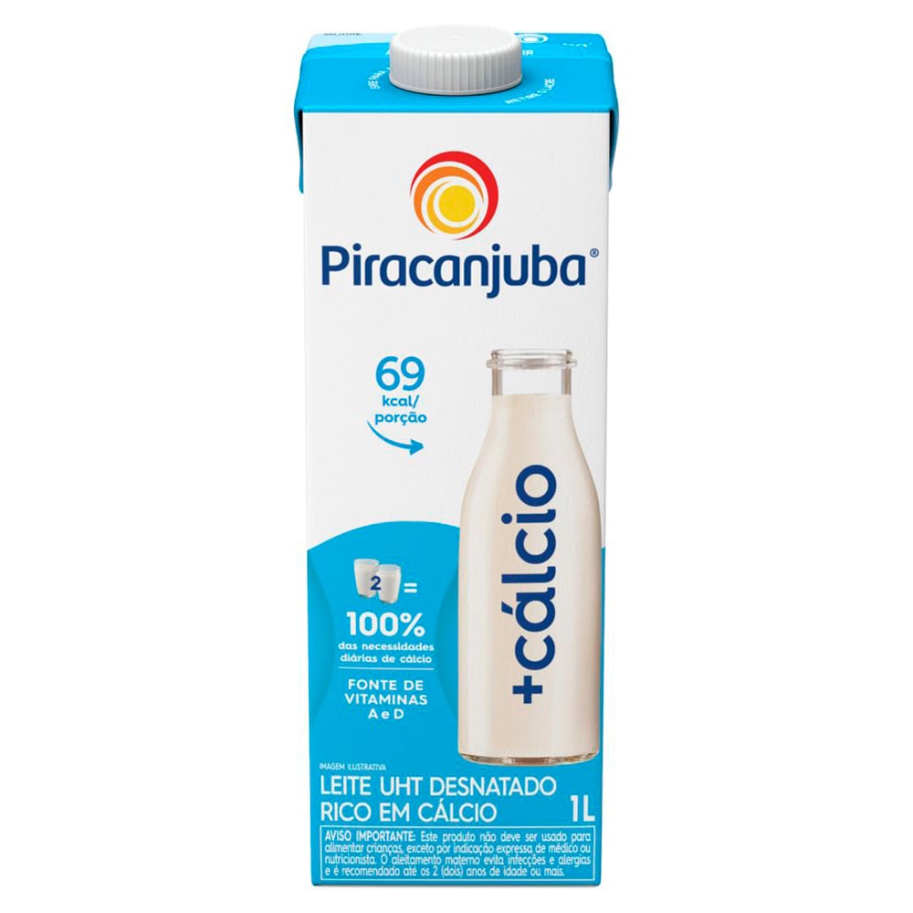 LEITE UHT DESNATADO PIRACANJUBA + CÁLCIO CAIXA COM TAMPA 1L