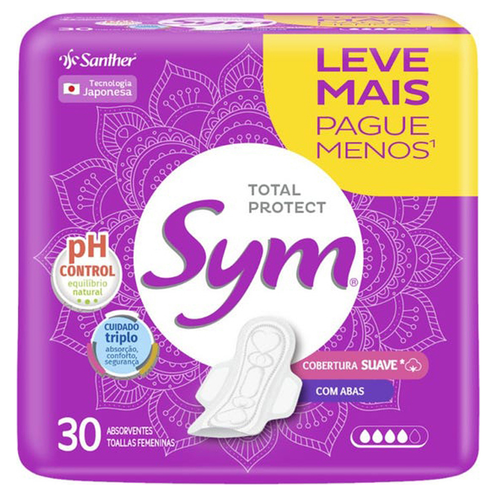 ABSORVENTE COM ABAS TOTAL PROTECT SUAVE SYM PACOTE 30 UNIDADES LEVE MAIS PAGUE MENOS