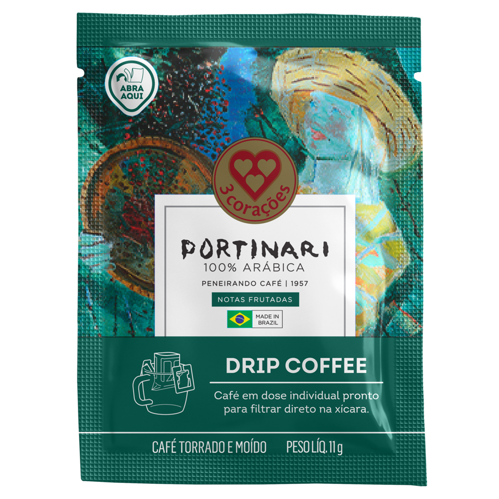 CAFÉ EM SACHÊ TORRADO E MOÍDO DRIP COFFEE 3 CORAÇÕES PORTINARI 11G