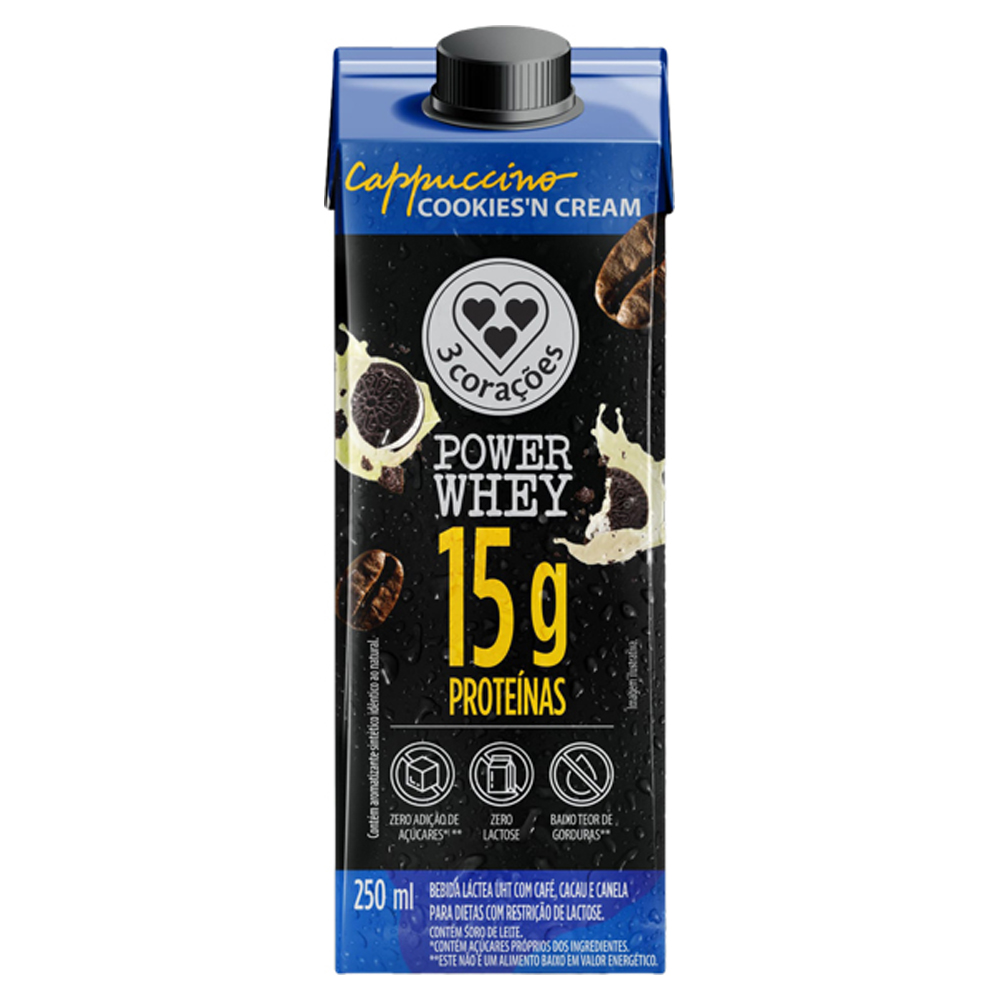 BEBIDA LÁCTEA UHT CAPPUCCINO COOKIESN CREAM ZERO LACTOSE 3 CORAÇÕES POWER WHEY CAIXA 250ML