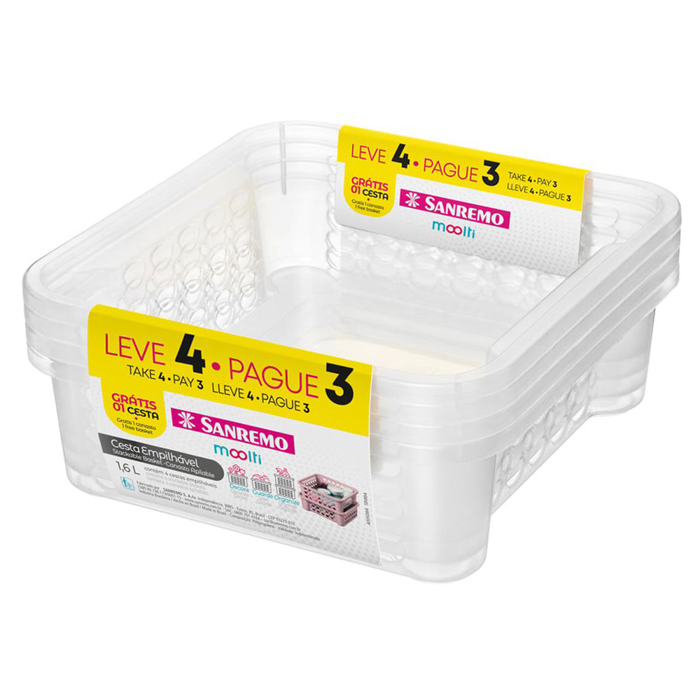 CONJUNTO CESTA ORGANIZADORA EMPILHÁVEL PLÁSTICO 1,6L SANREMO MOOLTI LEVE 4 PAGUE 3 UNIDADES