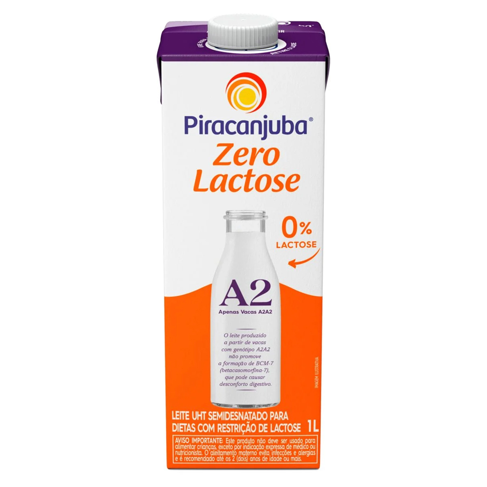LEITE UHT TIPO A2A2 COM TAMPA SEMIDESNATADO ZERO LACTOSE PIRACANJUBA CAIXA 1L