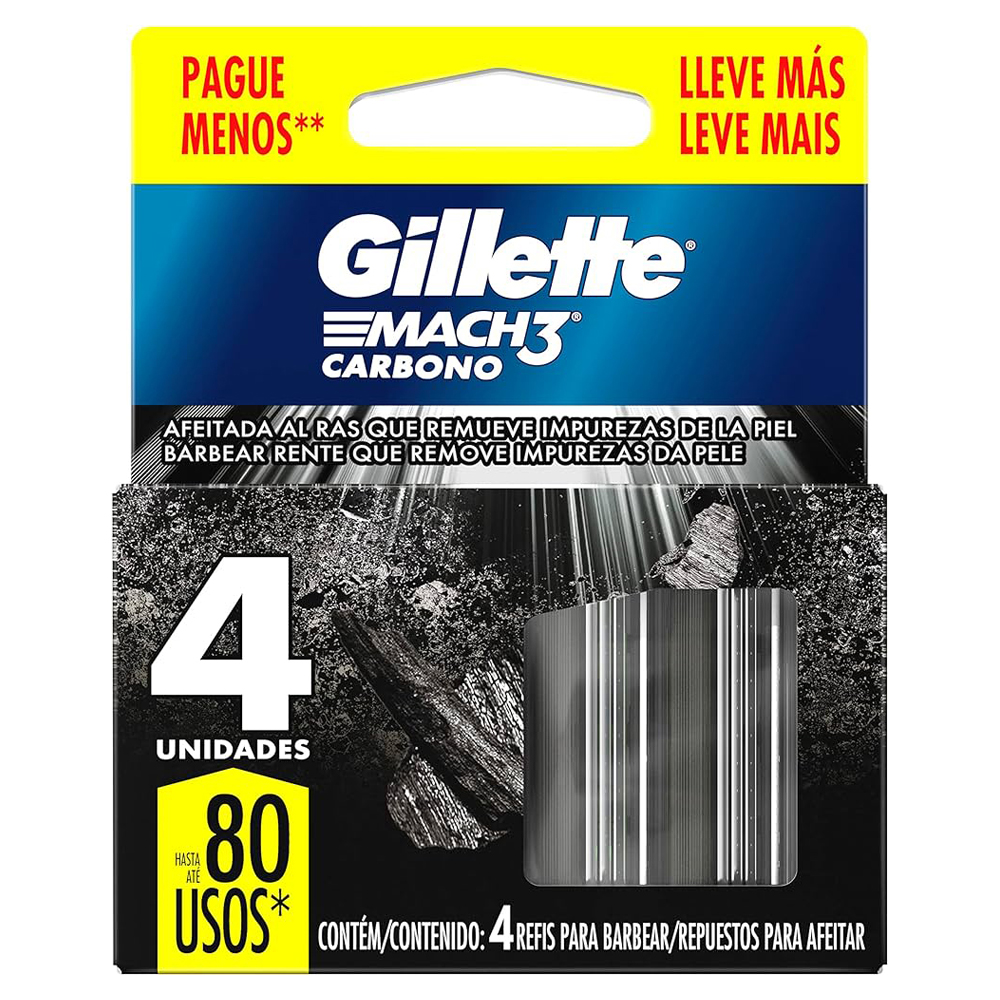 CARGA DE APARELHO PARA BARBEAR GILLETTE MACH3 CARBONO 4 UNIDADES LEVE MAIS PAGUE MENOS