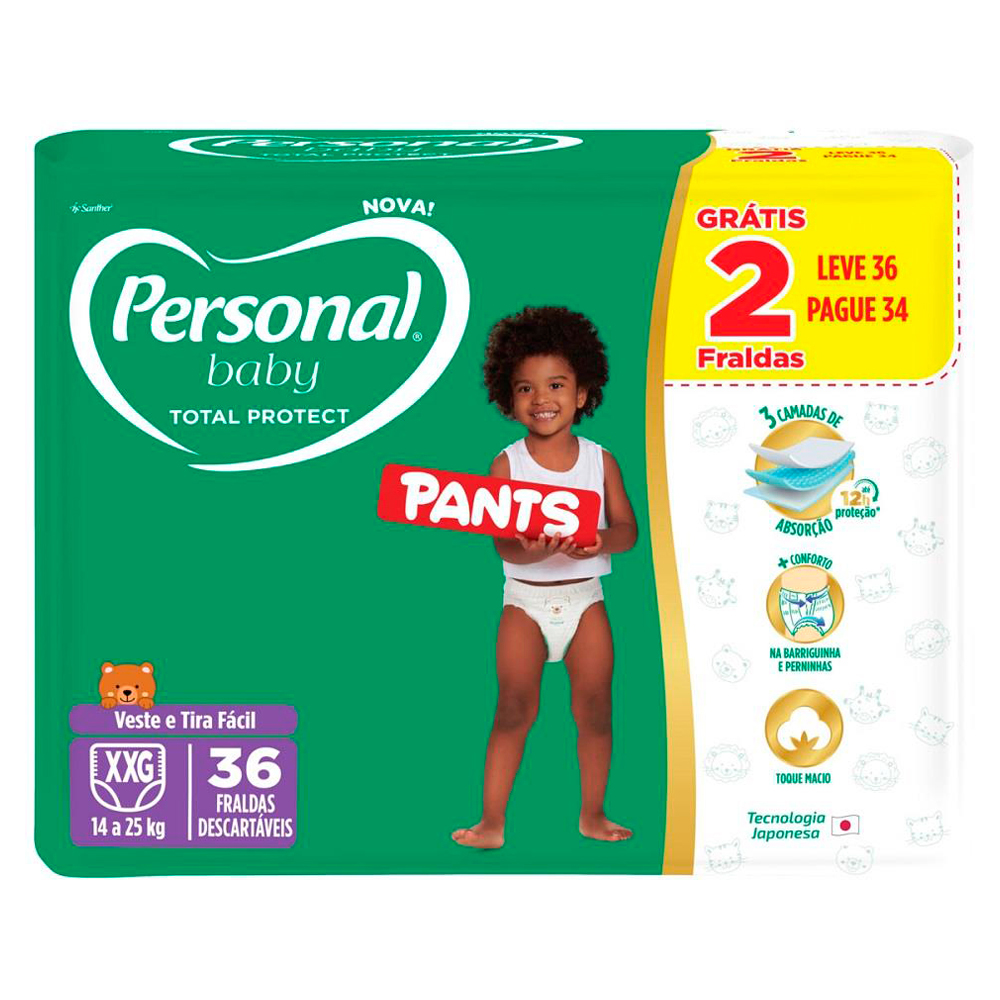 FRALDA DESCARTÁVEL PANTS PERSONAL BABY TOTAL PROTECT XXG PACOTE LEVE 36 PAGUE 34 UNIDADES