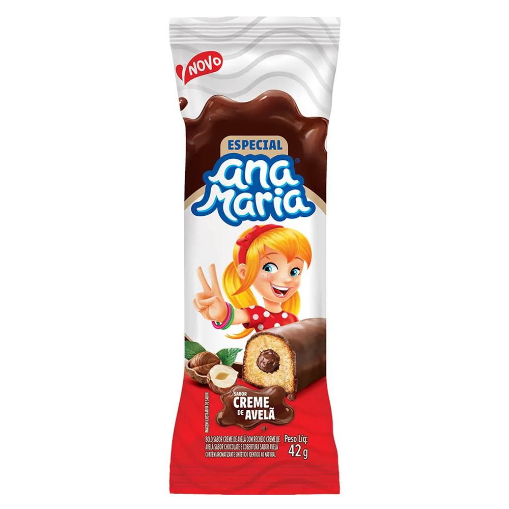 BOLO CHOCOLATE RECHEIO CREME DE AVELÃ COBERTURA CHOCOLATE ANA MARIA ESPECIAL PACOTE 42G