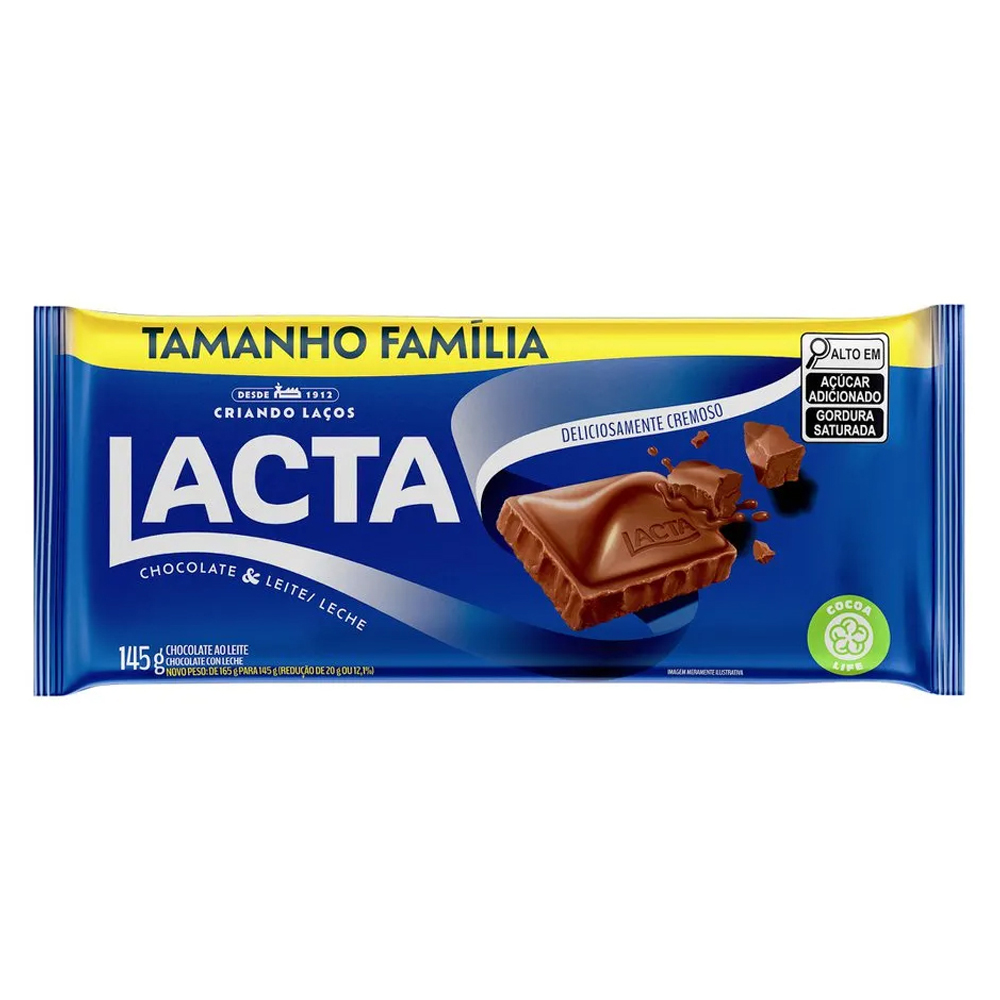 CHOCOLATE AO LEITE LACTA PACOTE 145G TAMANHO FAMÍLIA
