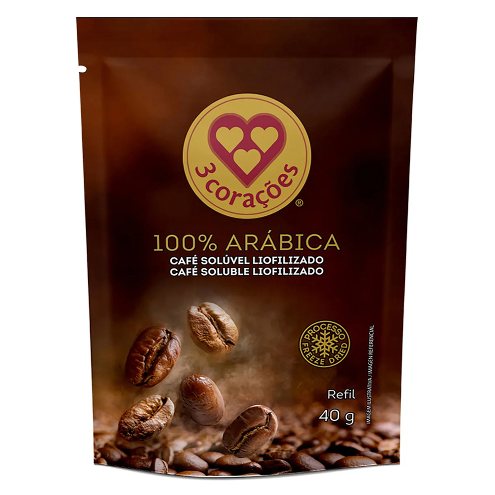 CAFÉ SOLÚVEL 3 CORAÇÕES LIOFILIZADO 100% ARÁBICA 50G REFIL