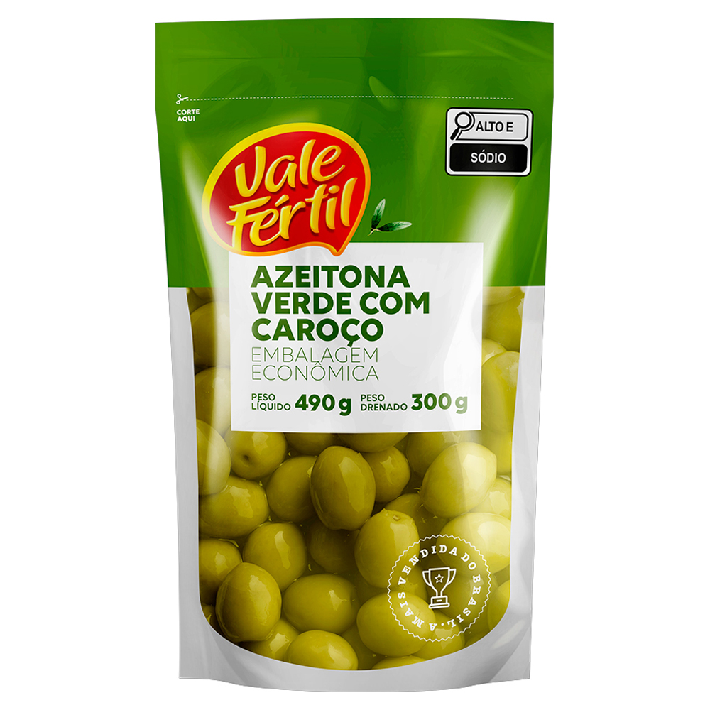 AZEITONA VERDE EM CONSERVA ARAUCO COM CAROÇO VALE FÉRTIL SACHÊ 300G