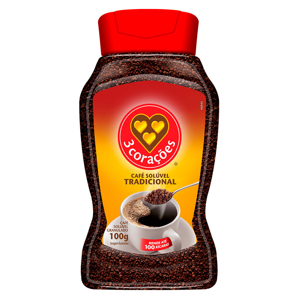 CAFÉ SOLÚVEL GRANULADO TRADICIONAL 3 CORAÇÕES VIDRO 100G